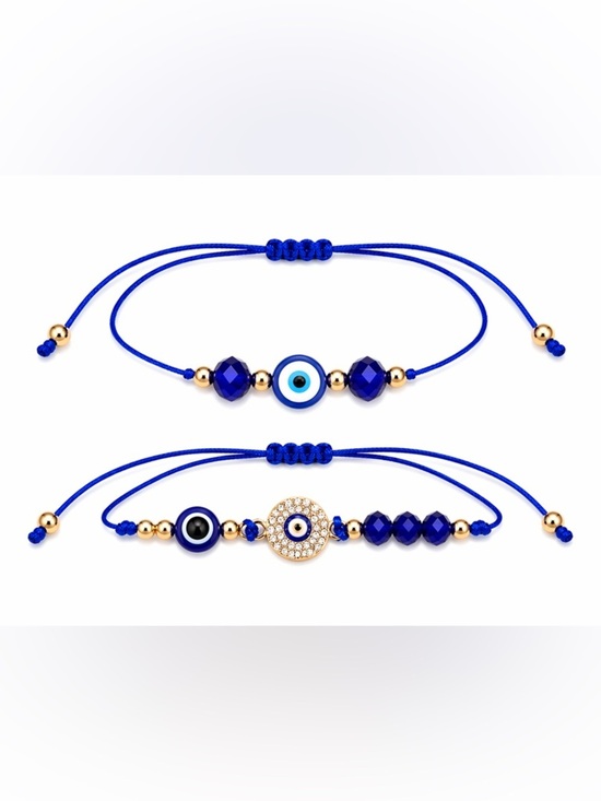 Sable & Red Jewelry - Cobalt Blue Evil Eye Adjustable Cord Bracelets Set Gold Tone Crystal Charm 2pcs